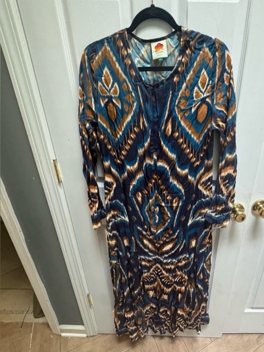 Farm Rio Navy and Tan Printed Long Sleeve Maxi Dress